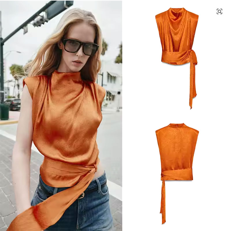 Satin Shawl Collar Sleeveless  - огляд і ціна Silk Blouse
